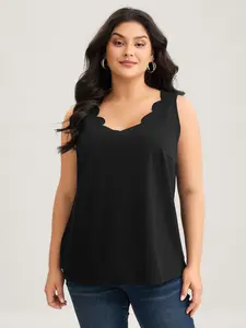 【Easter's Haul】【Arm Freedom】BlOOMCHIC Plus Solid V Neck Laser Cut Tank Top Fit Sleeveless Fitted Elegant Winter Wear Brown Color Polyester Spandex Stretch Black Vneck Medium Basic Minimalist