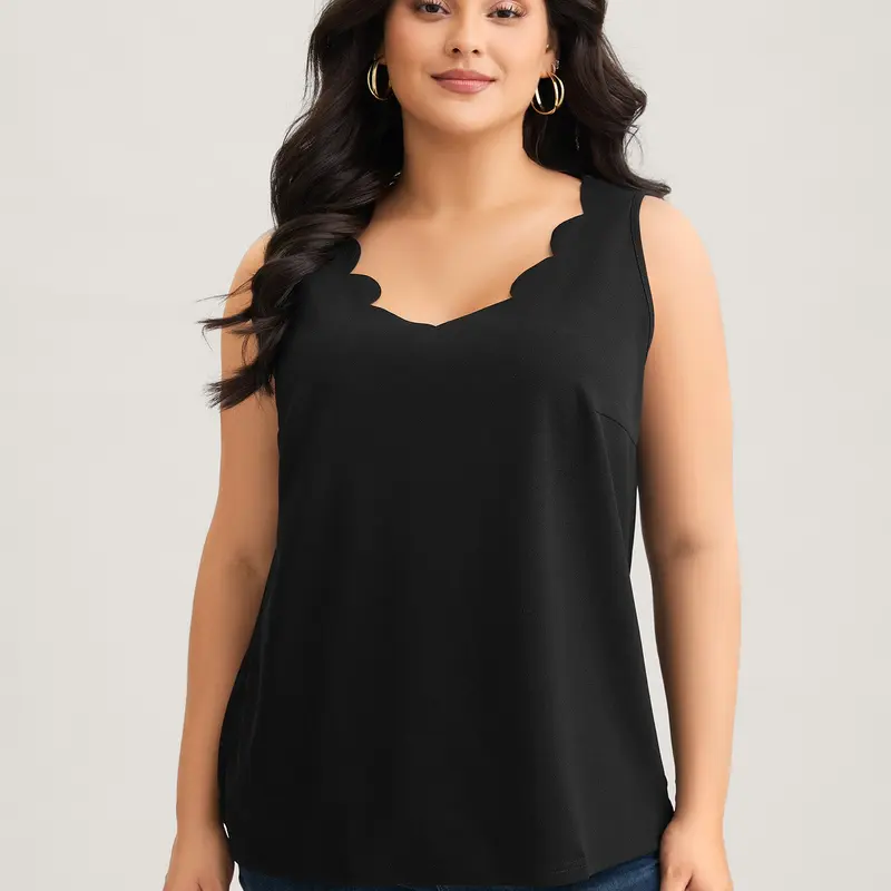 BloomChic Solid V Neck Laser Cut Tank Top 【M-6XL】
