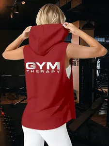 Women's American Sport Style Gym Therapy Hooded Sleeveless Vest, Loose Fit Breathable Long Top, Casual Fitness Fashion