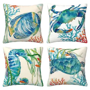 Ocean Beach Outdoor Pillow Cover, Square Pillowcase Beach Pillow, Suitable for Terrace Sofa, Pattern Includes Turtle, Crab, Seahorse, and Fish, 4-piece Set with Double sided Printing