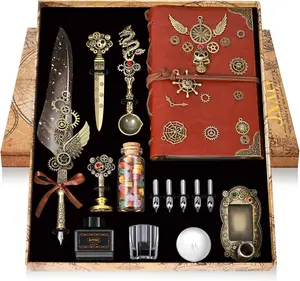 Feather Pen Ink Set With Quill Pen, Notebook, 5 Replaceable Nibs, Seal Stamp, Spoon, Wax Beads, White Wax, Ink, Holder Cup, Envelope, Letter Paper, Envelope Tool