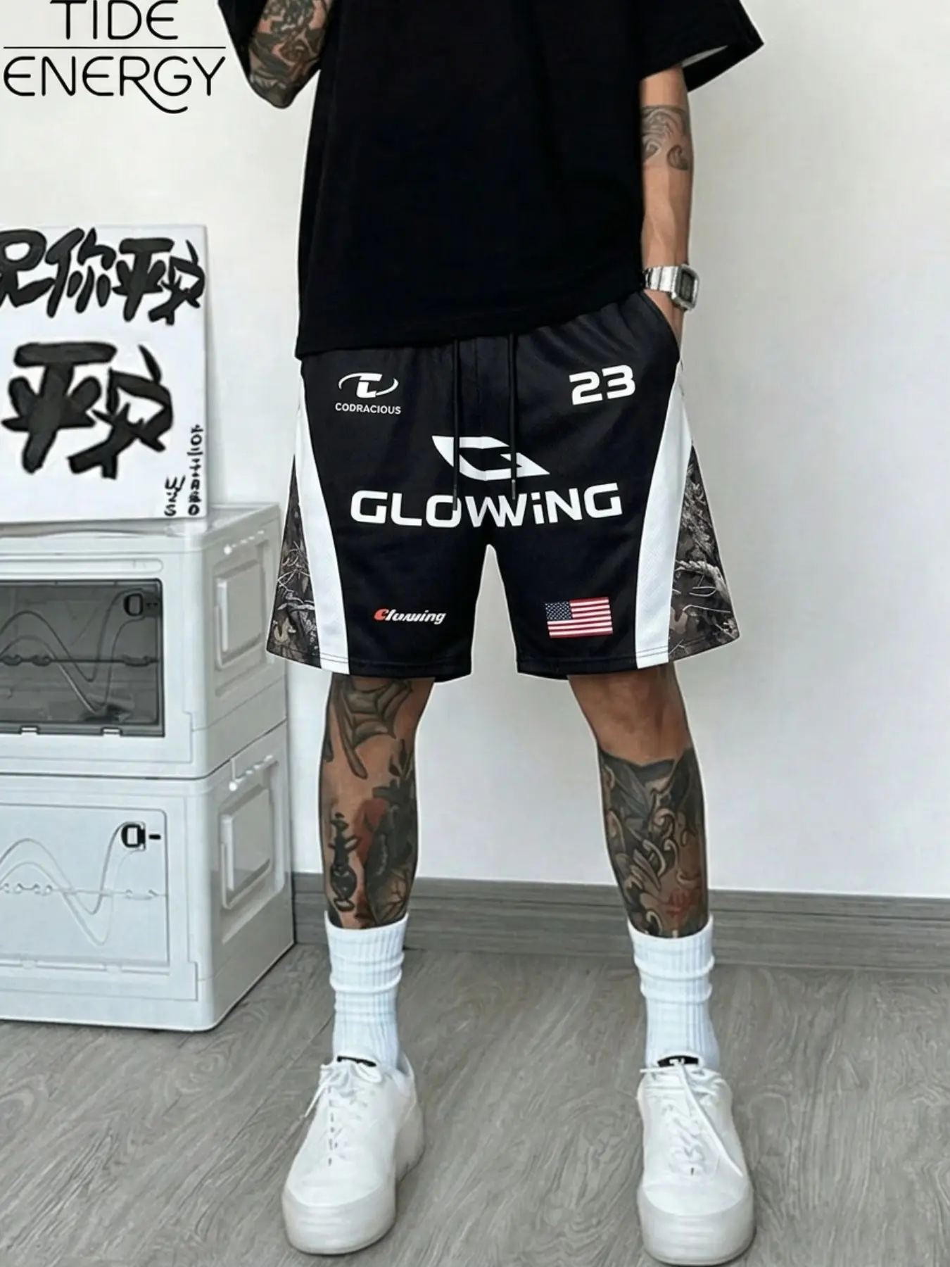 Men's Y2K Street Style Basketball Shorts, Glowing 23 Number + Usa Flag Print, Casual Drawstring Gym Shorts, Trendy Athletic Wear