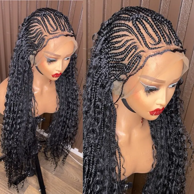 French Braids Boho Fullace Wig - Natural Black Color, Long Length, Ideal for Casual Style, Versatile Hair Accessory