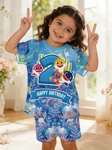 Shark Second Birthday Baby Girl Set: Digital Printed 100% Polyester Baby Short-sleeve Set, cute baby girl casual clothing, suitable for daily and outdoor sports T-shirts, a perfect gift for babies and toddlers