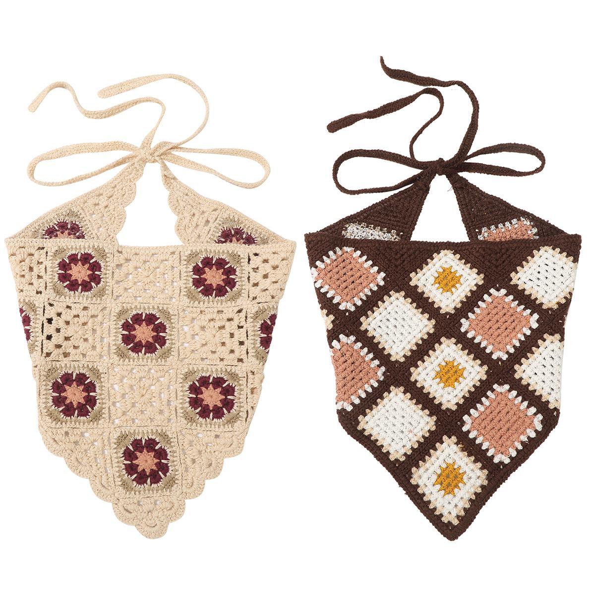 2Pcs Crochet Bandana Head Kerchief Hair Scarf Knitted Hair Scarves Tie Flowers Headwrap Headband Gift for Women and Girl