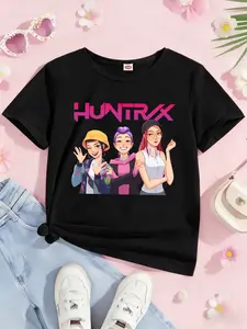K-Pop Demon Hunters Girls' T-Shirt Huntrix Casual Style, Cute Cartoon Clothes, Cartoon Print Daily Wear, Soft Breathable Fashion Clothing