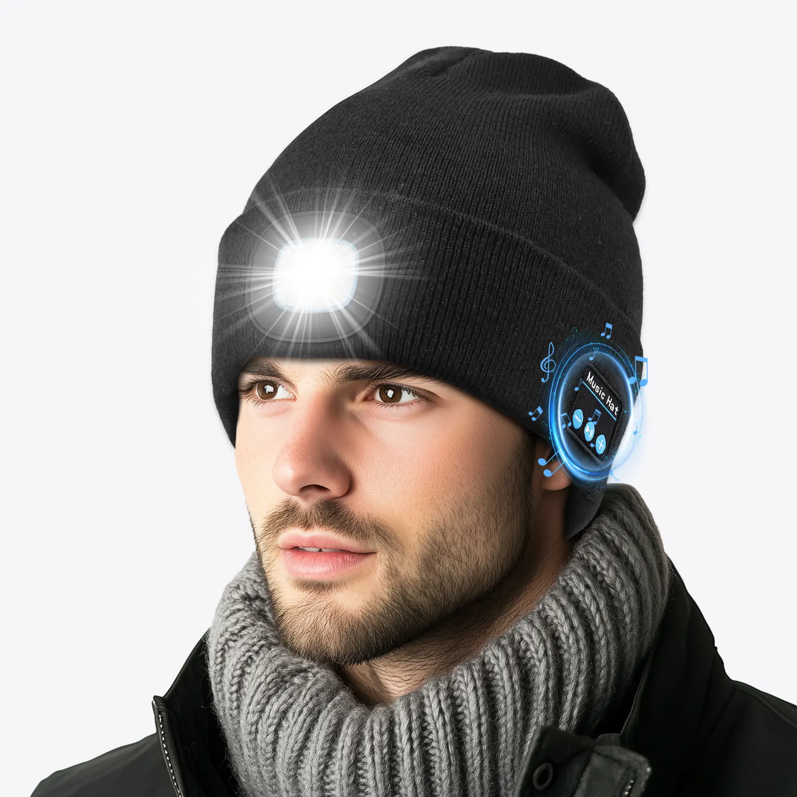 Unisex Touch 5.0 Bluetooth LED Knit Beanie - Rechargeable, Thermal Lined, Lightweight, High Fidelity Stereo Speakers, Warm, Brimless, LED Light Strips, for Running, Sports & Outdoor Accessory, Men's/Women's Gift Hat