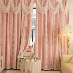 European Embroidered Double Layer Curtain, Wave Lace Trim, 100% Light Blocking, Minimalist Style Drapes for Living Room Bedroom Home Decor, Window Curtain