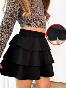 Girls' Tiered Layer Casual Skirt, Skort Skirts, Elastic Waist Skorts, Spring Summer Fashion, Comfortable and Stylish Design, Suitable for Daily Wear, All Seasons