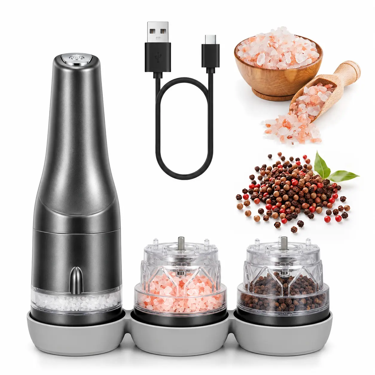 Modern Electric Salt and Pepper Grinder Set (Salt Pepper Mill) – USB-C Rechargeable Kitchen Utensils with 3 Quick-Change Large Spice Jars, 5 Adjustable Grind Levels, LED Light for BBQ, Cooking, Compact