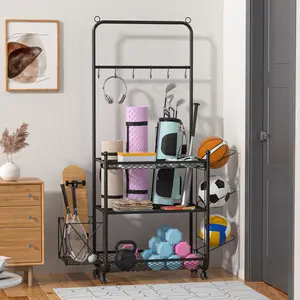 Dumbbell Rack Stand, Yoga Mat Storage Rack, Home Gym Weight Rack for Kettlebells Foam Roller, Workout Equipment Organizer with Hooks and Wheels