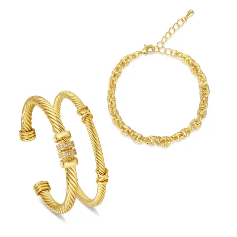 Aprilery 3PCS Gold Bracelet Set - Twisted Cable Cuff Link Chain, Spin-for-Luck Fidget Stone Jewelry, Anxiety Relief Stack Bangles, Daily Wear Bracelets Jewelry
