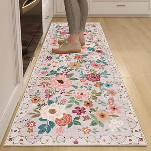Vintage Floral Kitchen Rug, Non-Slip Washable Mat, Soft Floor Mat, Long Hallway Carpet, Soft Easy Clean, Farmhouse Kitchen Decor, Suitable for Entryway, Vintage Runner Rug