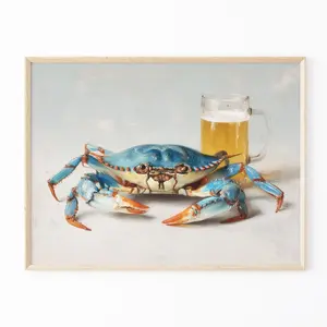 Relaxed Crab Painting Print | Beer Wall Art | Funny Bar Prints | Crab with Beer Artwork | Funny Gifts for Him | Unframed