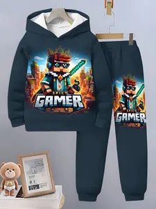 Boys Spring & Fall Sports Set, Minecraft Spicy Gamer Pixel Character Hoodie and Pants Two-Piece Set, Casual Fitted