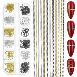 12 Strips Metal Nail Chain Charms, Metal Nail Art Chains 3D Gold Silver Gray Nails Chains with Box, Manicure Jewelry Chain Nails Decorations Charm for DIY Personality Manicure