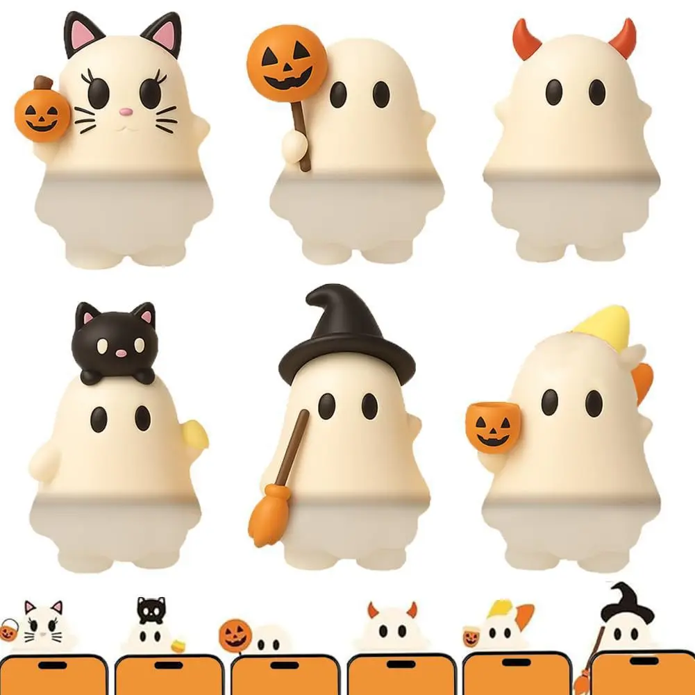Cute Halloween Ghost Phone Top Decoration, 3D Silicone Ghost Figurine Phone Screen Frame Ornament, Pumpkin Balloon Cat Horn Witch Halloween Phone Decorations