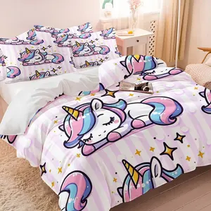 Sleeping Unicorn Print Duvet Cover Set & 1-2 Pillowcases No Core, Pink White Striped Background & Lying Position Unicorn, Comfortable Soft Dreamy Healing Style Bedroom Decor Gift Choice