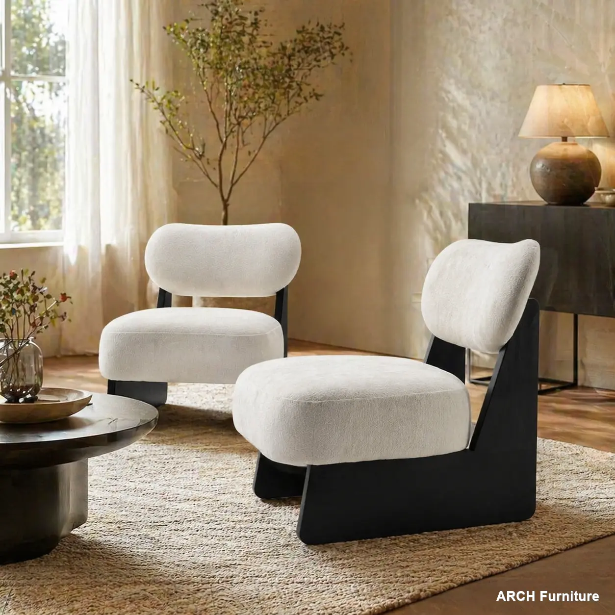 26" Beige Boucle Fabric Modern Minimalist Accent Chair - 25D High-Density Sponge Cushion, Black Legs, Modern Lounge Seating for Living Room, Modern Minimalist Chairs