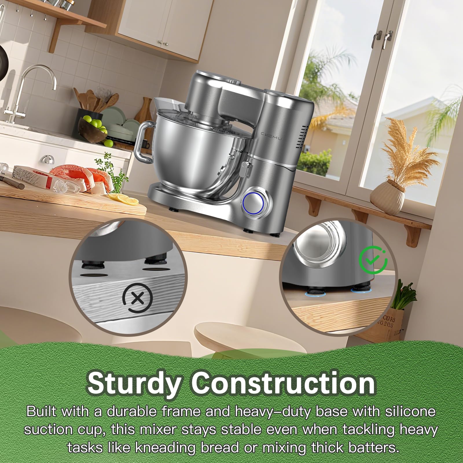 Ckemu 660W Stand Mixer | 8L Stainless Steel Bowl | 3 Attachments for Kneading, Whisking & Beating | 120V 60Hz | ETL Listed