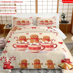 3pcs, 2D flat print Gingerbread Man & Hot Cocoa Christmas Quilted Bedspread Set multiple sizes available, bedding set, festive decorative bedding, ideal for bedroom décor(1 bedspread , 2 pillowcase)