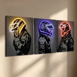 3 Pcs/Set Wooden-Framed Canvas Painting, Neon F1 Racing Driver Triptych Canvas Wall Art, Helmet Silhouette Print for Living Room, Bedroom, Office Decoration, Modern Home Decor, Fashion Artistic Ornaments, Artwork