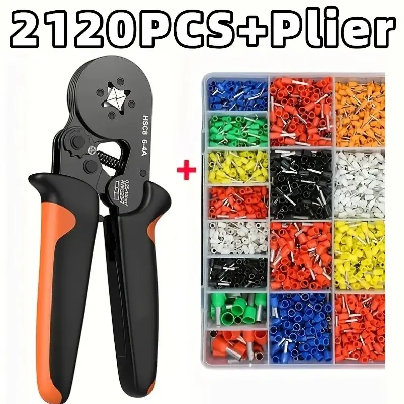 Ferrule Crimping Tool Kit with 2120pcs Wire Connectors, Insulated VE Tubular Crimp Terminals, Self-adjustable Ratchet Wire Crimping Tool Kit Crimper Plier Set Crimping Pliers HSC8 6-4A Crimping Area DIY Tool Hand Tools