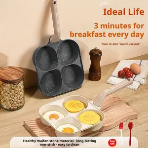 Non-stick Hole Design Egg Frying Pan,  Non-stick Cookware frying pan, 4-hole non-stick egg burger frying pan, household multi-functional egg and meat frying pan, with oil brush and spatula , kitche  bgadget, 4  in  1  pan, breakfast pan
