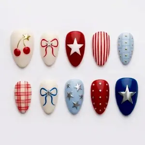 Elegent 4th of July Star and Bow 3D Gel Press On Nails, Cherry &  Striped Polka dots Patriotic Nail Set, Red Blue White Celebration Nails, Festive Aesthetic Nail Set,Custom Nails For Women, Party, Holiday Nails