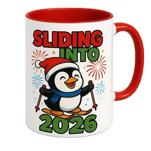 The Sliding Into 2026 Holiday Penguin Mug
