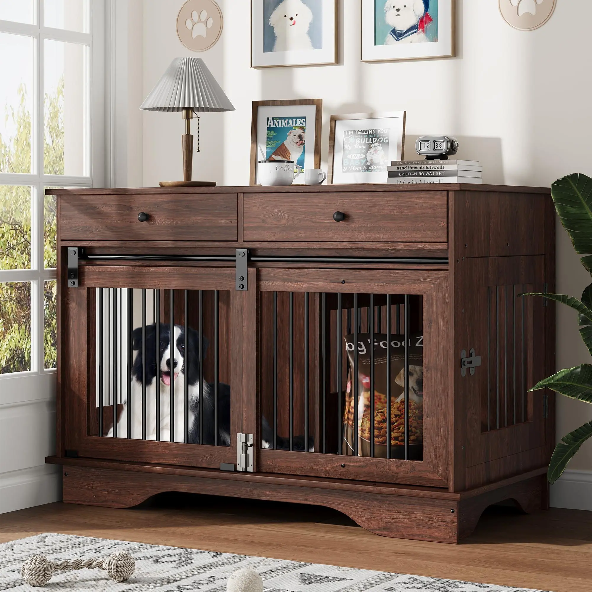 47" Large Dog Crate Furniture, Wooden Dog Kennel End Table with 2 Storage Drawers, Removable Divider & Sliding Door, Heavy Duty Decorative Pet Cage for Small, Medium, Large Breeds