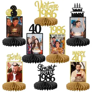 8 PCS Happy 40th Birthday Decorations Honeycomb Centerpieces for Women Men Black Gold Vintage 1986 Photo Table Centerpiece Straight Outta 1986 for Cheers to 40 Years Birthday Party