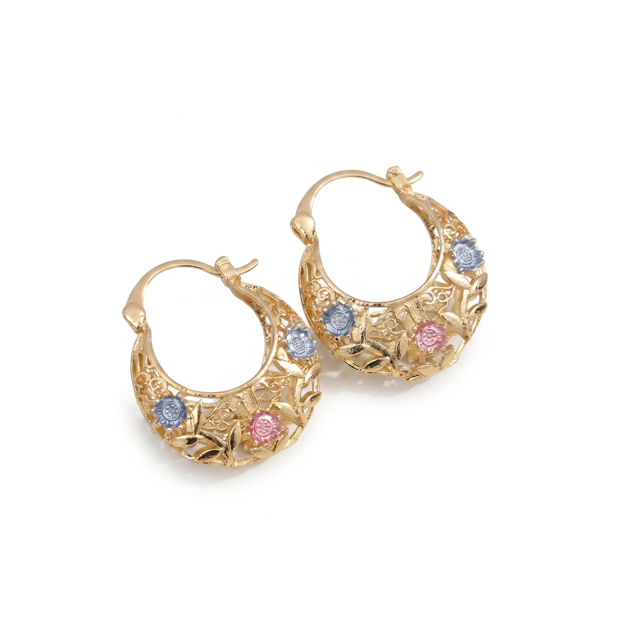 Vintage Filigree Flower Basket Hoop Earrings for Women, Plated Tri Color Enamel Floral Statement Hoops, Elegant Dainty Hollow Leaf Huggie Earrings, Aesthetic Jewelry Gift for Daily Party Wedding