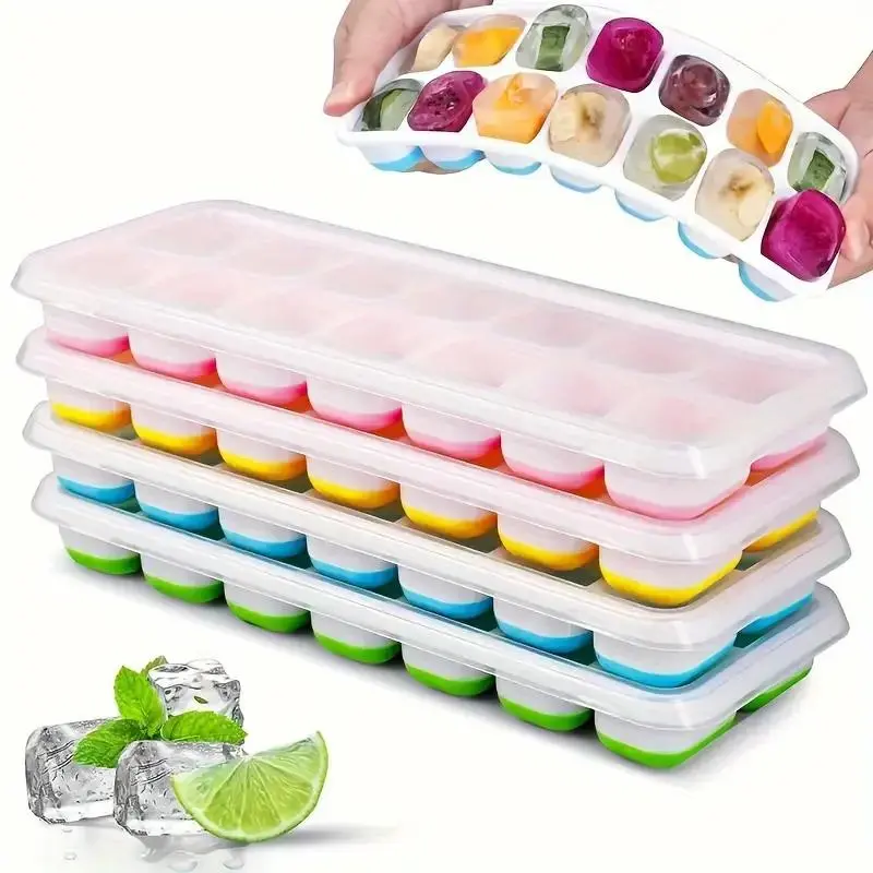 Silicone Ice Cube Tray with Lid, 4 Counts/set Easy-release 14-cube Mold, Ice Molds, Stackable & Spill-resistant Ice Tray for Cocktails & Freezer, Ice Cube Maker, Ice Cube Trays for Freezer