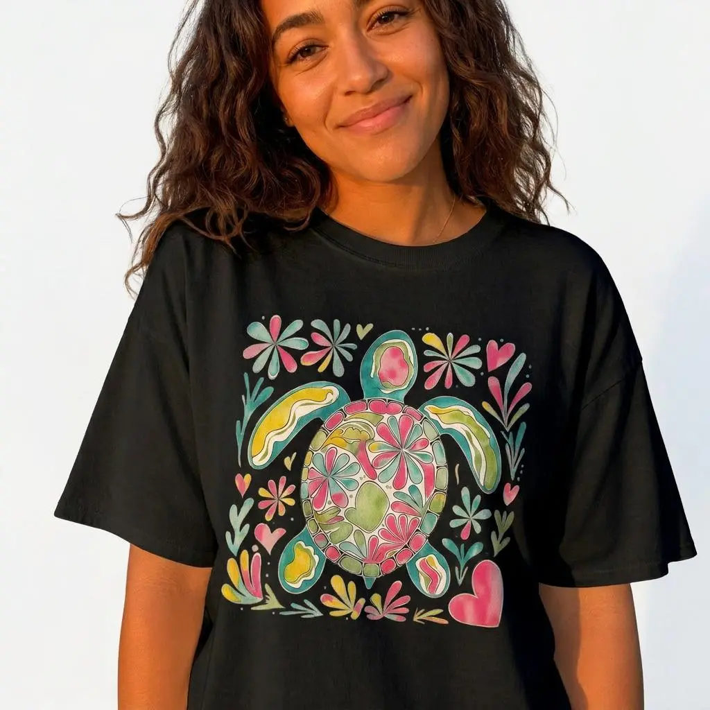 Sea Turtle Shirt Women Boho Floral Graphic Tee Plus Size Beach Vacation Top
