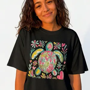 Sea Turtle Shirt Women Boho Floral Graphic Tee Plus Size Beach Vacation Top