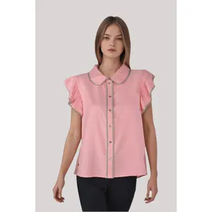 Pink Grace Line Top - Two Tone Flutter Sleeves Collar & Button Front Opening 100% Polyester Machine Washable Casual Blouse
