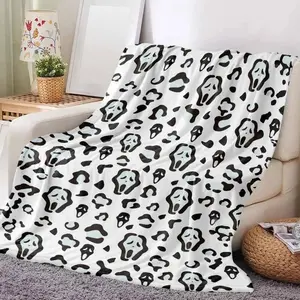 Ghost Face Flannel Blanket Spooky Leopard Print UltraSoft Warm Lightweight Cozy for Couch Living Room Bedroom Travel Halloween Decoration Perfect Gifts