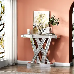 SHYFOY Modern Console Table Mirrored Finished, Glam Style W Silver Entryway Table Inlay with Sparkly Crushed Crystals, 35 inches