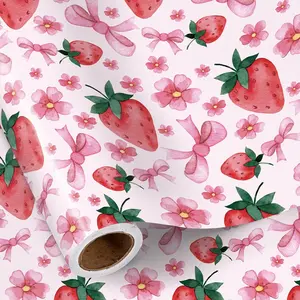 Strawberry Wrapping Paper Roll for Girls, Mini Roll, Cute Strawberry,  Flower and Bow Design  Wrap Paper for Birthday, Valentine's Day, Spring and Summer Party, 17 Inches x 16.4