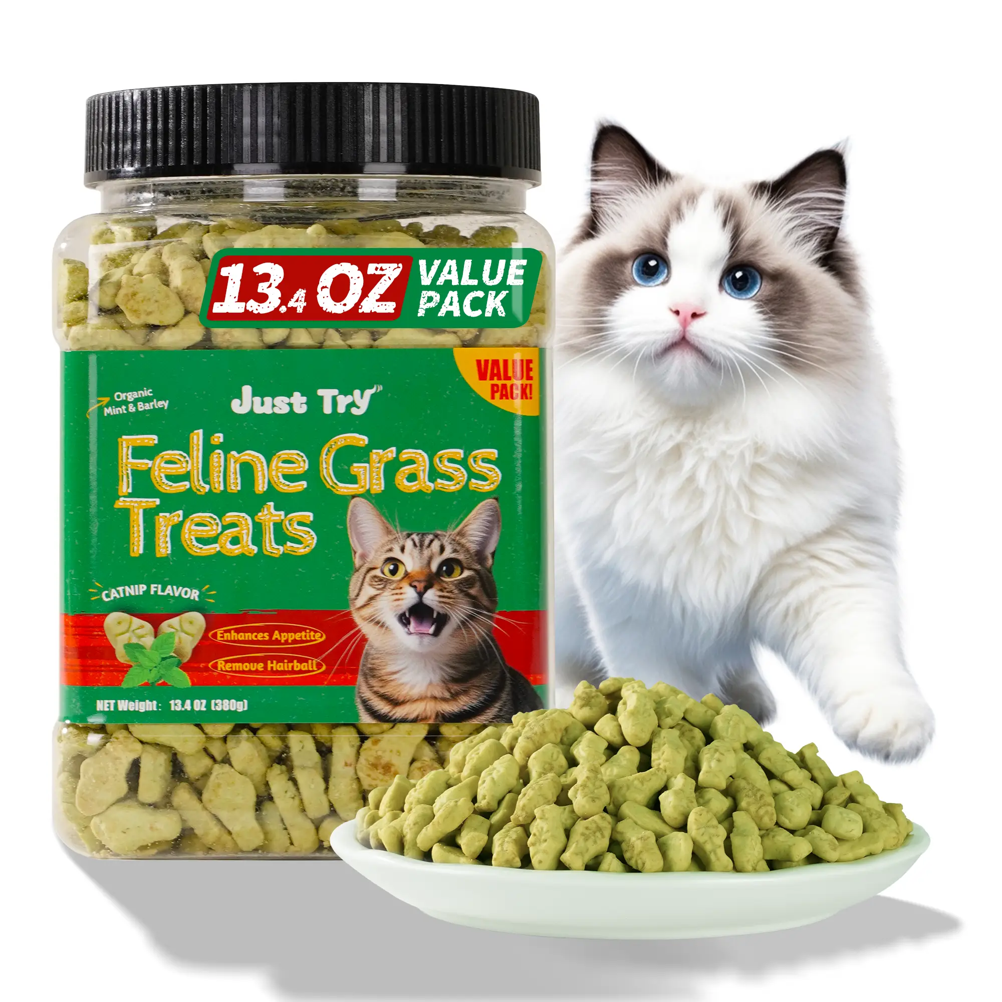 Just Try Cat Treats, Cat Grass Treats, Natural Salmon Flavor Healthy Cat Snacks, Training Biscuits Treats for Cats, Catnip for Cats, Crunchy Fish Shap