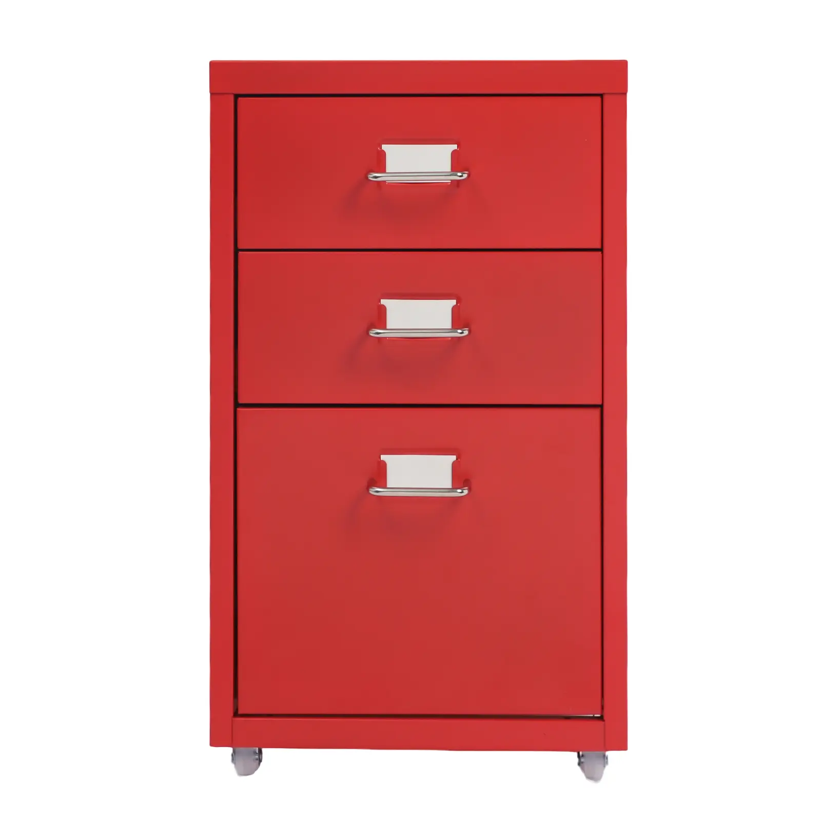 Modern red three-drawer mobile file cabinet, cold-rolled steel aluminum alloy with electrostatic coating, freestanding design with a top surface storage drawer, equipped with four swivel casters, single layer, supports up to 11 pounds, home office organiz