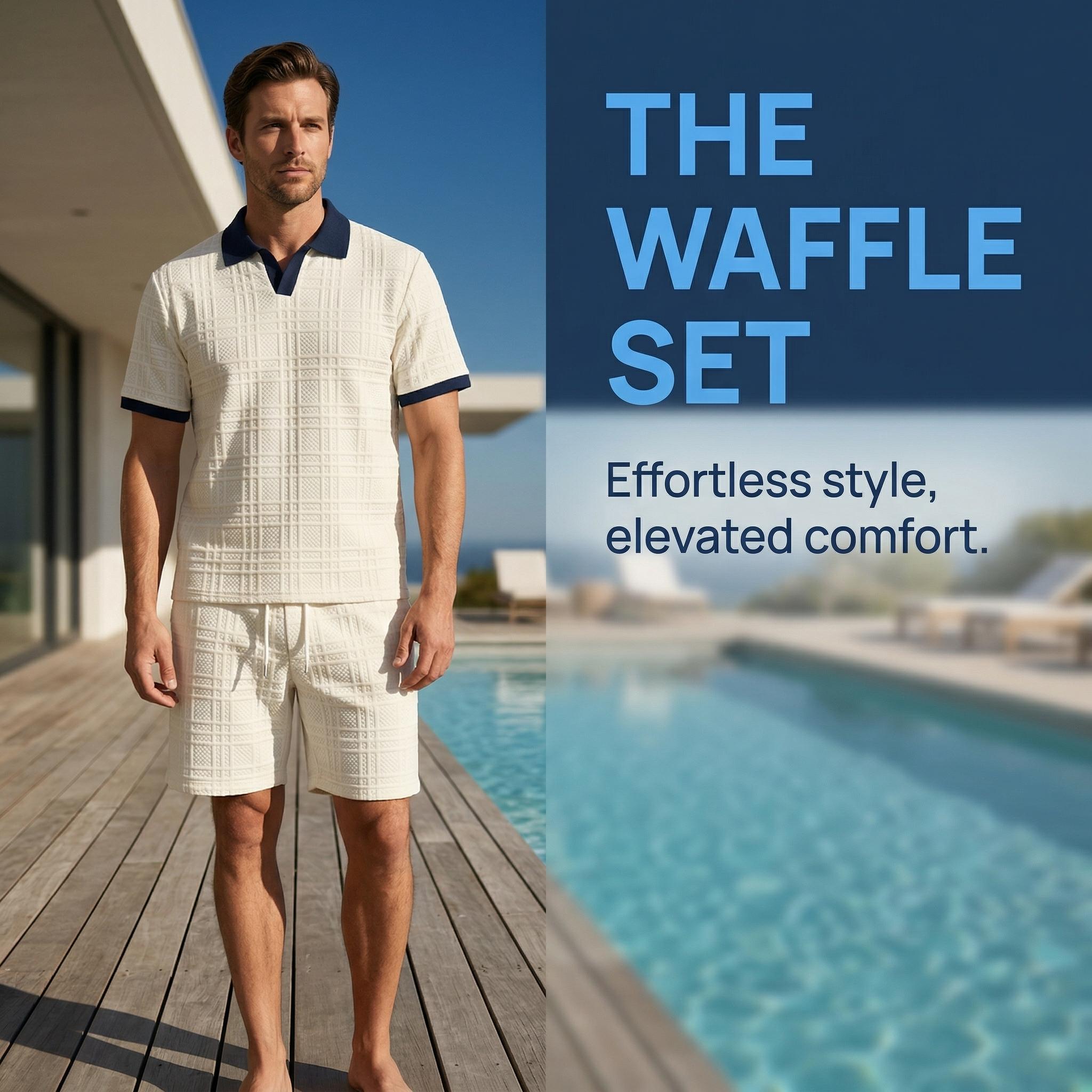 Men's Casual 2 Piece Set, Textured V Neck Short Sleeve Shirt & Shorts for Daily Wear