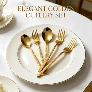 Gold Vintage Stone Pattern Spoon Fork Set (6 Pieces), Stainless Steel Luxury Tableware, Dinnerware, Dishwasher Safe, Home Dining Essentials