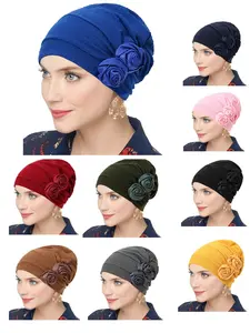Women's Fashion Hat with Two Flower Poms, Wedding Cap, Pure Color Pleated Ethnic Headscarf, Chemotherapy Hat, Knit Beanie