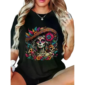Unisex La Catrina Day of The Dead Sugar Skull T Shirt Celebrating The Mexican Tradition, fade-resistant, artistic print, for women, office commute, Memorial Day