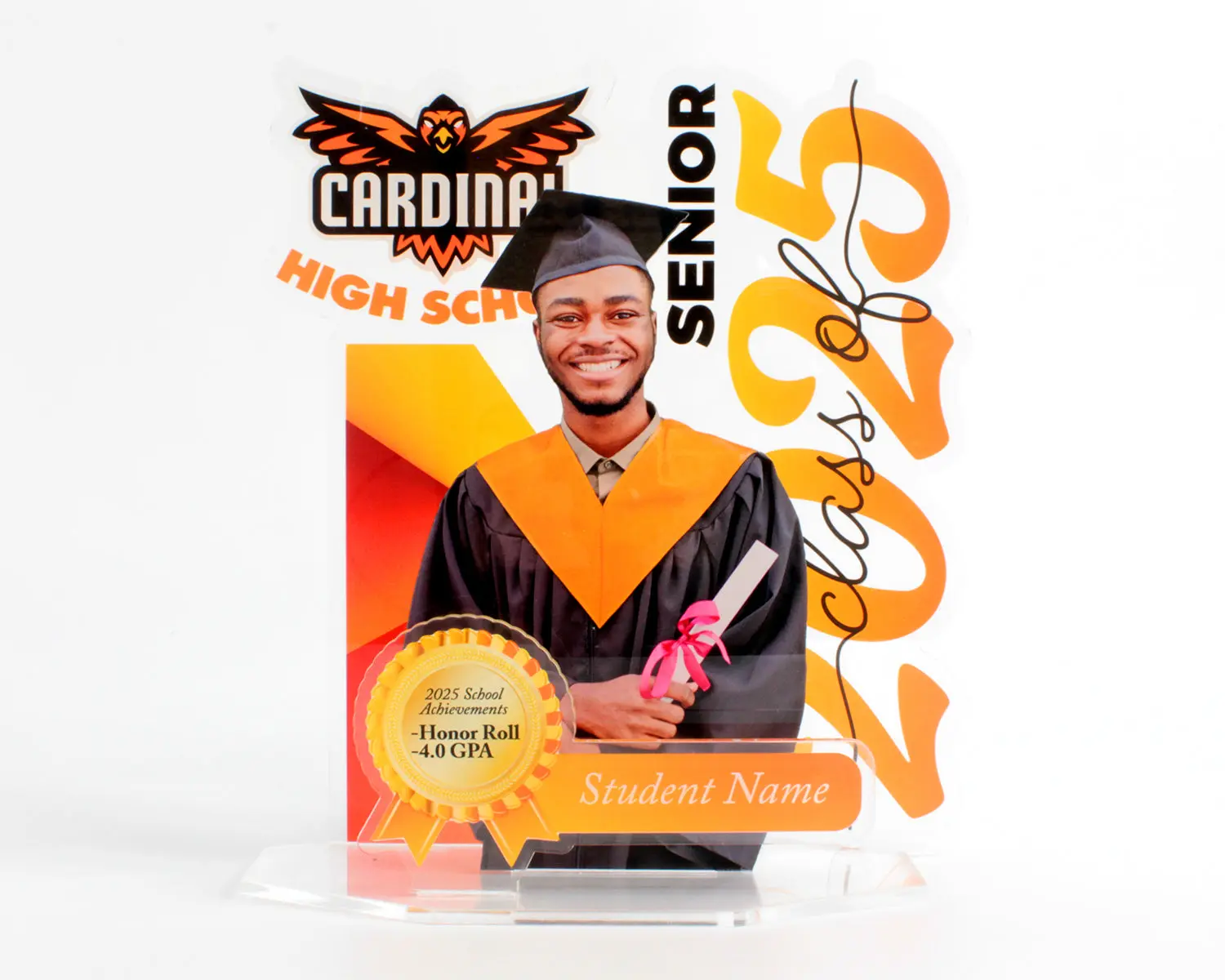 Cardinal High School Theme Acrylic Standee - 3 Layered Award Trophy for Student Achievement with School Logo Photo & Name 2025 Graduation Keepsake