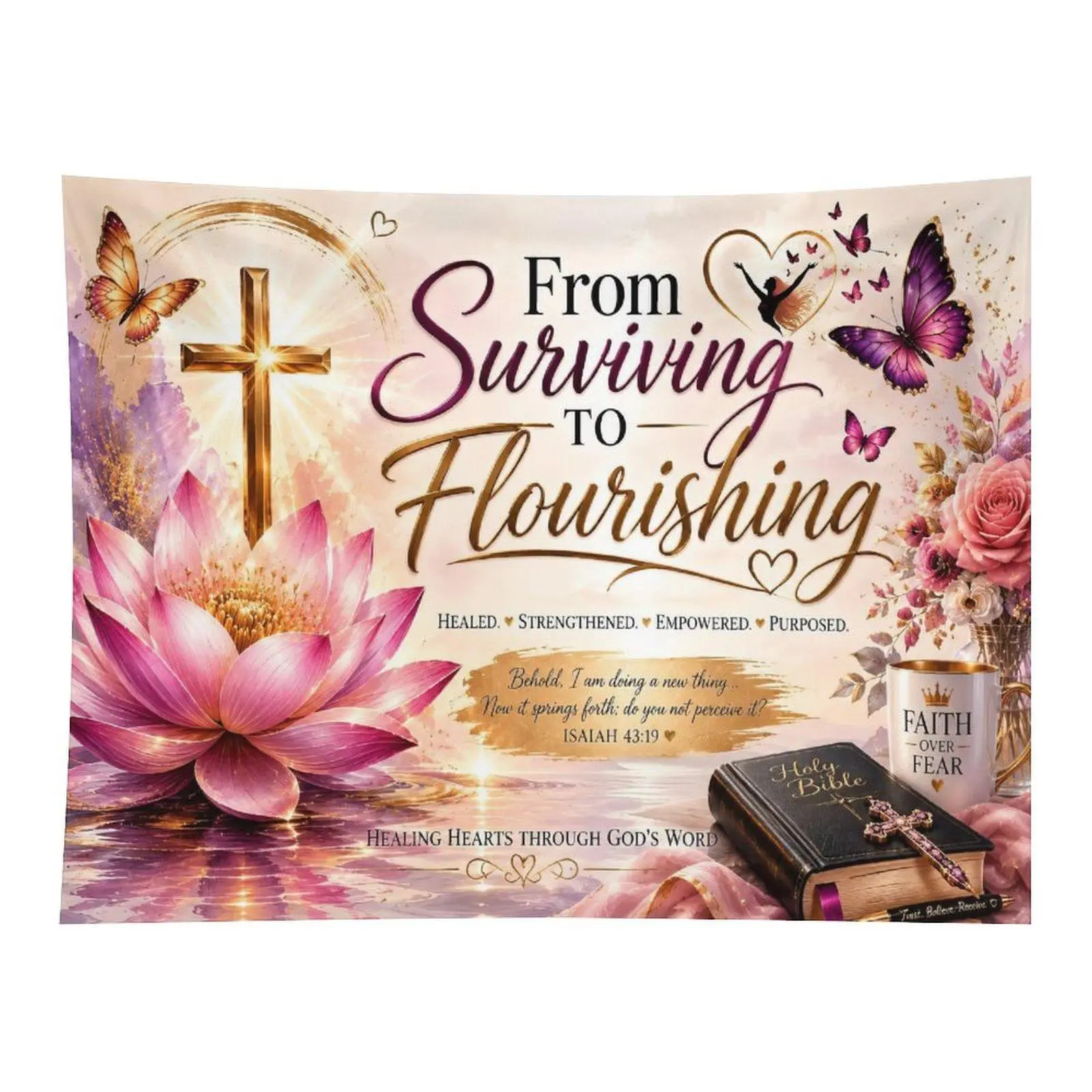 From Surviving To Flourishing Bible Verse Pink Lotus Cross Butterfly Christian Wall Tapestry Wall Hanging, Inspirational Faith Scripture Prayer Room Decor Ornament