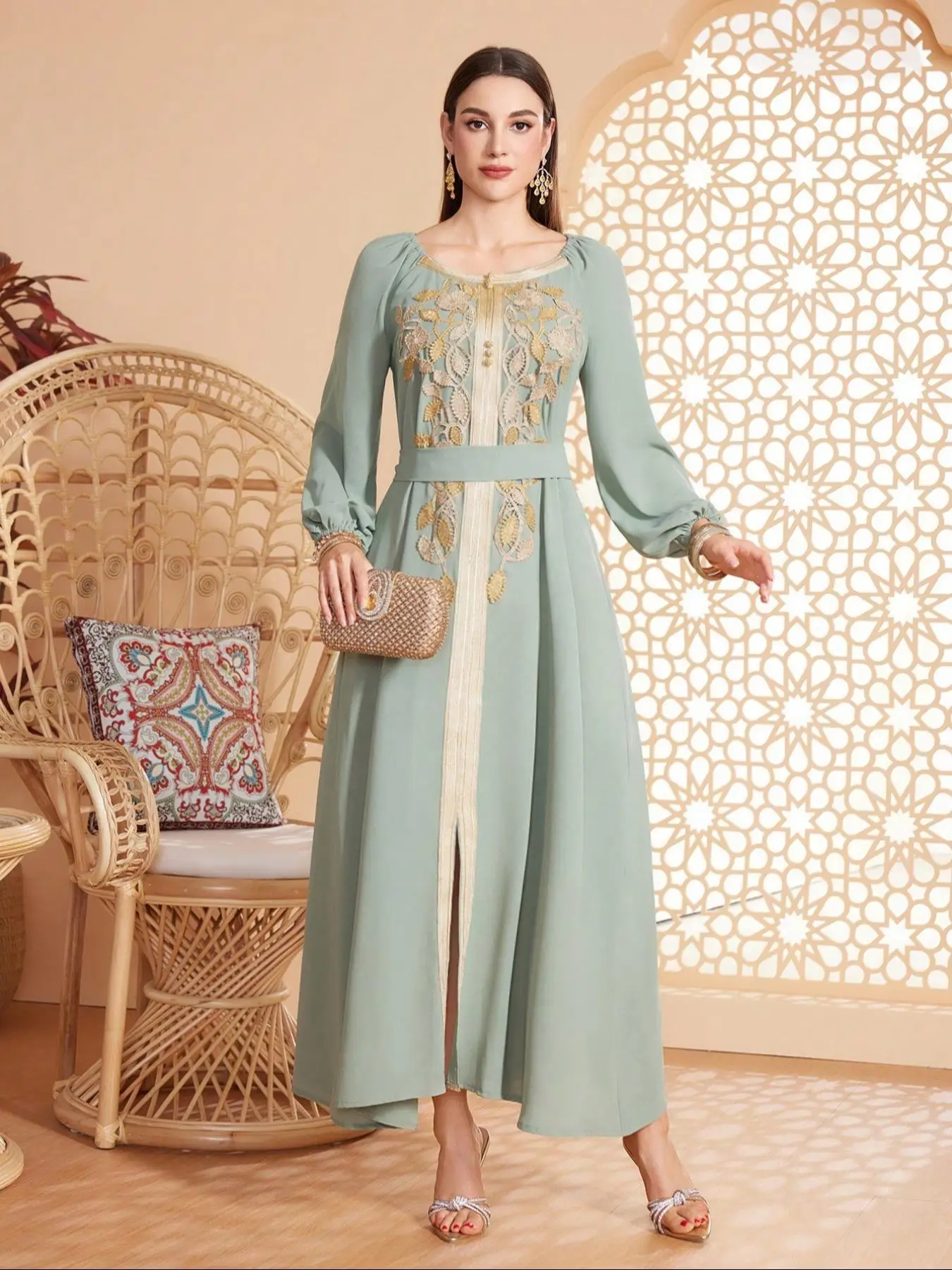 Women's Floral Embroidery Belted Dress, Elegant Modest Long Sleeve Dress for Party Wedding Guest, Ladies Islamic Clothing for All Seasons