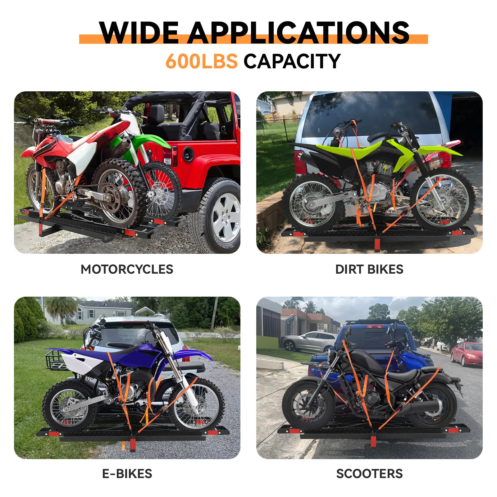 Garvee Dual Motorcycle Hitch Carrier Rack – Heavy Duty Steel, 600 lbs Capacity – Loading Ramp, Ratchet Straps, Stabilizer – Fits 2" Receiver for Dirt Bikes, eBikes, Scooters, Trucks, SUVs